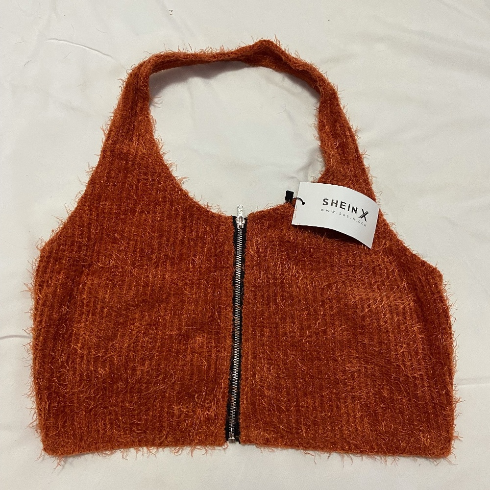 SHEIN Zip Up Solid Fuzzy Crop Halter Top